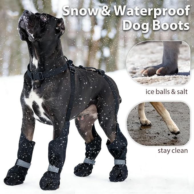 Dog Suspenders Boots, Winter Snow Shoes for Medium Dogs, Waterproof Dog Boots for Rain Mud, Anti-Slip Stay-On for Active Dogs, Adjustable Reflective Paw Protector for Walking Hiking, L Black