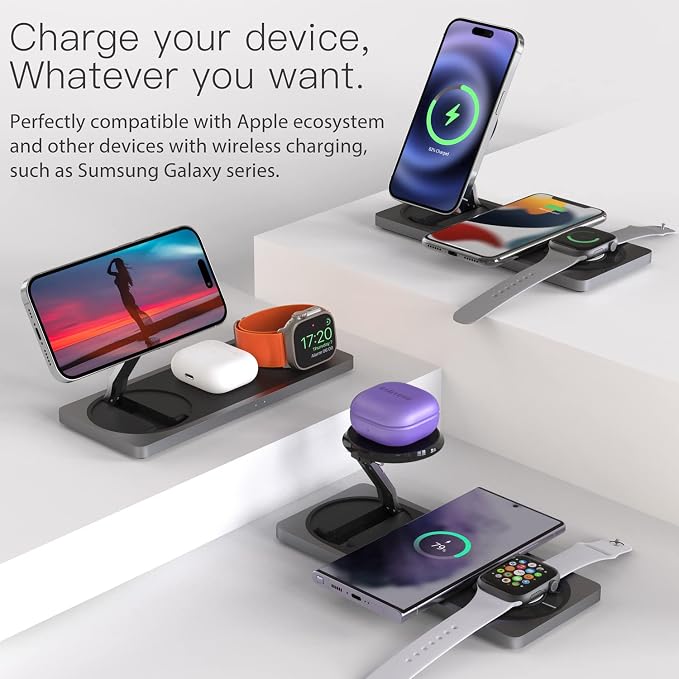 PETINO 3 in 1 Wireless Charging Station for Apple Devices with MagSafe | For iPhone 17/Air/16/15/14/13/12, AirPods & Apple Watch, Foldable Portable Aluminum Charging Stand, Adapter Included