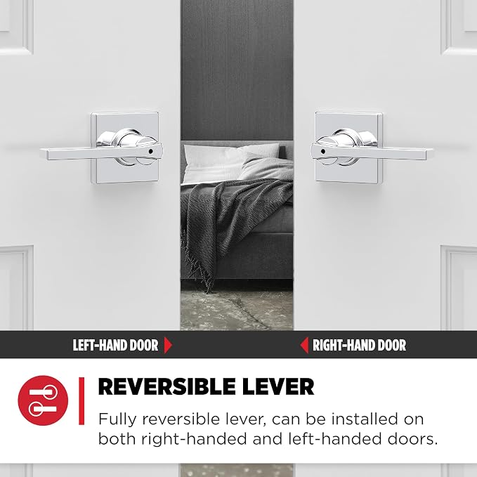 Kwikset Casey Interior Privacy Door Handle with Lock, Door Lever for Bathroom and Bedroom, Polished Chrome Reversible Keyless Turn Lock (Pack of 2)