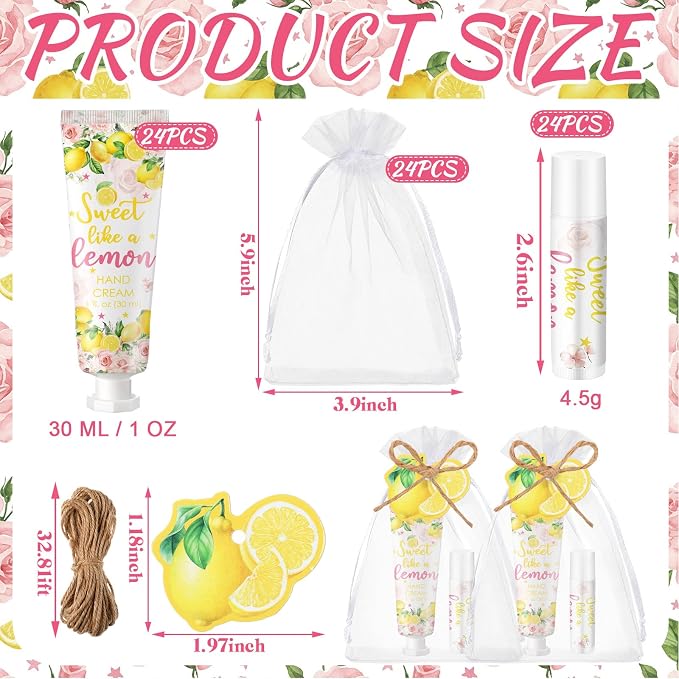 Lounsweer 24 Sets Lemon Baby Shower Hand Cream and Lip Balm Favors for Guests Sweet Like a Lemon Party Gifts with Organza Bags and Cards Travel Size Lotion Set for Bridal Shower Summer Birthday