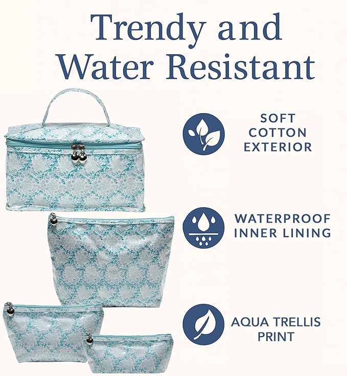 Jacaranda Living Large Cosmetic Bag - Water-Resistant, PVC-Lined - Aqua Trellis