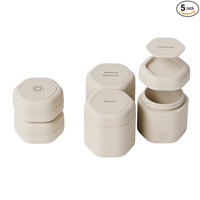 Cadence Travel Containers - Core Skincare Set - Magnetic Containers with Lids,2 Small (0.56oz) & 3 Medium (1.32oz) - Cleanser, Moisturizer, Serum, Makeup Remover & Sun Icon Labels - Sand