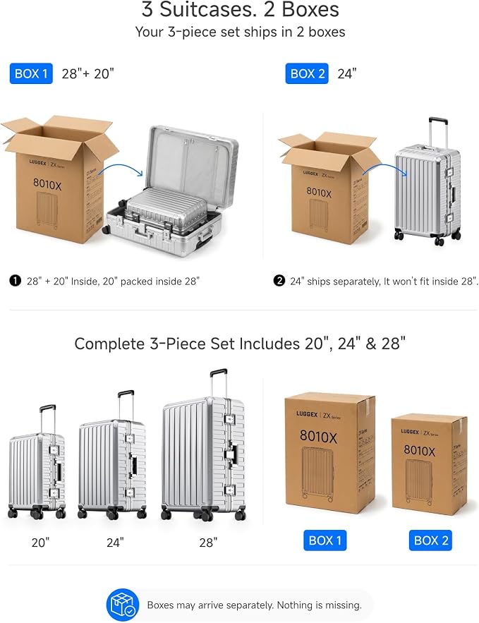 LUGGEX Luggage Sets with Spinner Wheels, 8010S Aluminum Frame Zipperless Polycarbonate Hard Shell Suitcase Sets (ZX-Core, Charcoal Metallic, 3 Piece (20/24/28))