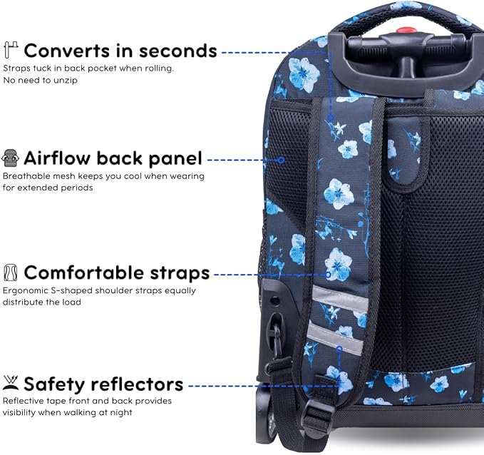J World Sunrise Kids Rolling Backpack for Girls Boys. Roller Bookbag With Wheels For School, Night Bloom