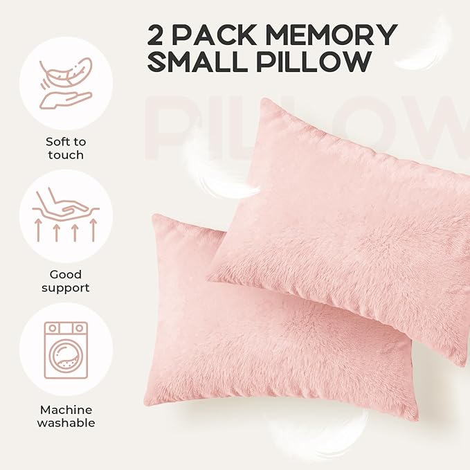 2 Pack Tiny Travel Pillows, 7"x11" Memory Foam Mini Neck Pillow for Travel and Airplane, Soft Machine Washable Small Pillows for Neck, Knee, Lumbar Support, Small Cushionfor Pet, Dogs (Pink)