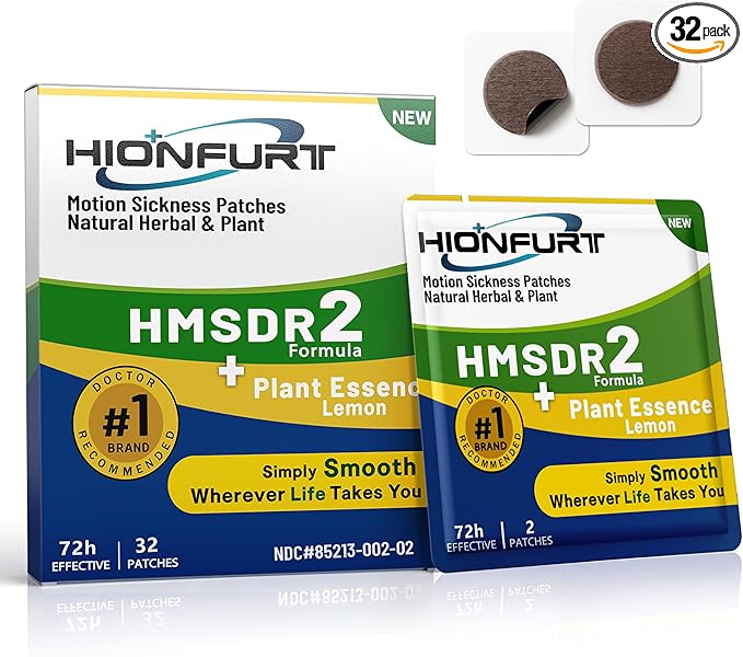 Hionfurt HMSDR2 32ct Motion Sickness Patches with Plant Essence – Lemon – Sea Sickness Patches for Cruise, Car, Airplane – Non-Drowsy, 72H Lasting