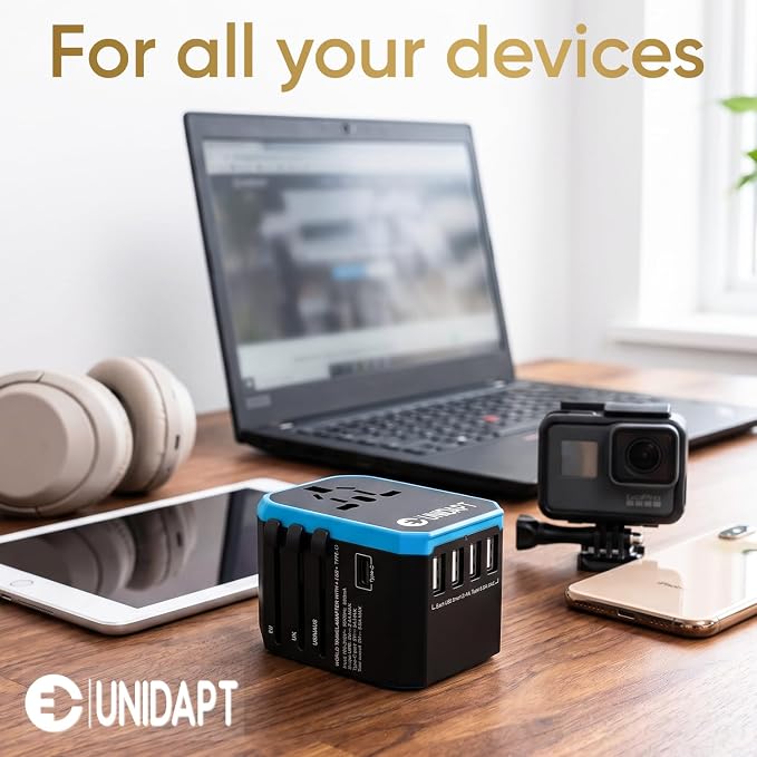 Universal Travel Adapter for Europe and International Travel from USA, Type C EU/Type G UK/Type I AU/Type A US, 1 AC Outlet, 1 USB-C and 4 USB-A Ports, Unidapt Travel Plug Adapter