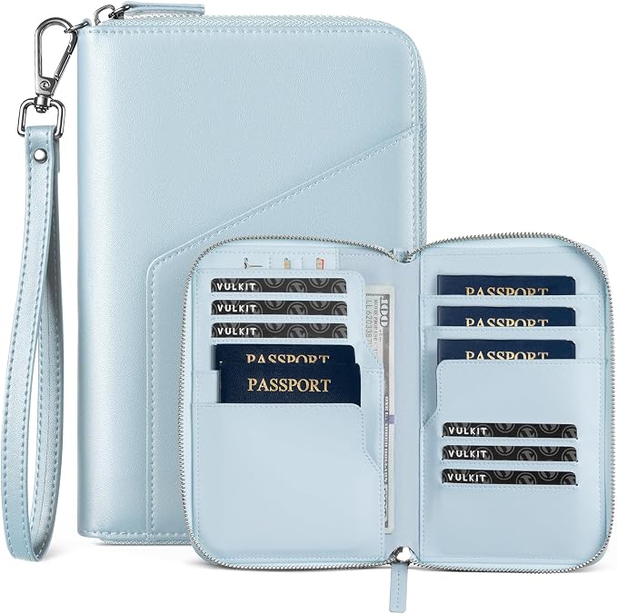 VULKIT Family Passport Holder for 4 Passports - RFID Blocking Travel Wallet Holds Up to 5, Organizer with 4 Slots for Cards & SIM, Secure Zipper Closure, Family Travel Essentials (Light Blue)
