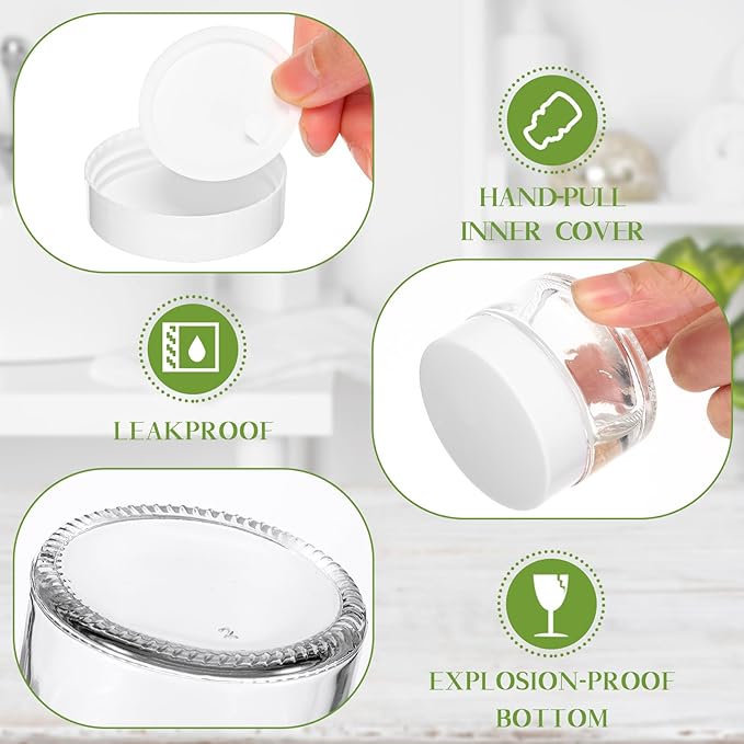 Domensi 60 Pcs 1oz Glass Jars with Lids Bulk Small Glass Salve Tins Cream Container Cosmetic Jars for Travel Balm with Inner Liners for Sample Cream (Clear,White Lid,Plastic Lid)
