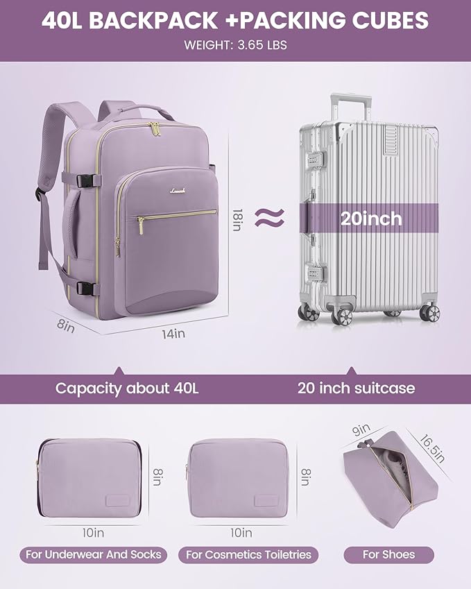 LOVEVOOK 40L Travel Backpack Flight Approved Carry on Backpack,3 Packing Cubes,Waterproof Personal Item Travel Bag,TSA Carry on Luggage Suitcase Travel Essentials,Gifts for Women & Men,fits 17" Laptop