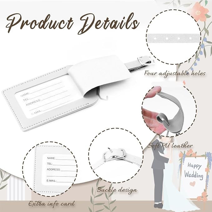 48 Pack Leather Luggage Tags PU Leather with Name ID Card Wedding Favors for Guests Bridal Shower Gifts (White)