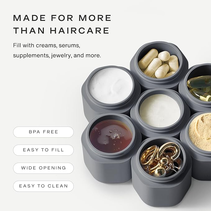 Cadence Travel Containers - 6 Piece Haircare Set - Magnetic Travel Capsules - 2 Small & 4 Medium Capsules - Shampoo, Conditioner, Leave-In Conditioner, Comb, Hair Serum, Hair Gel Labels - Charcoal