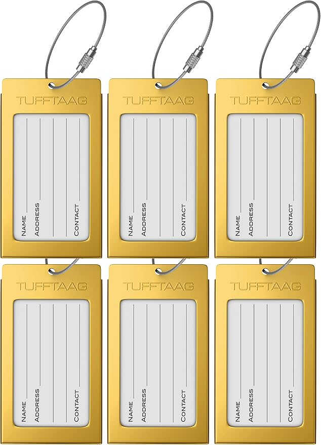 Luggage Tags Business Card Holder by TUFFTAAG - Durable Travel ID Bag Tag, Gold, 6 Tags