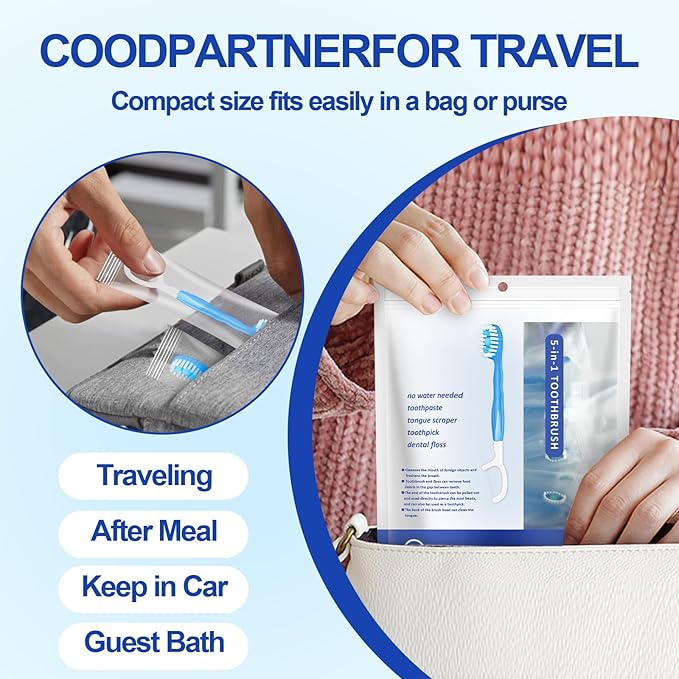 5 in 1 Mini Brushes-Disposable Toothbrushes with Toothpaste + Floss + Pick + Tongue Scraper | Travel Size | Individually Wrapped | Soft | Mint | Travel Set (Mix, 52pcs(2Pack))