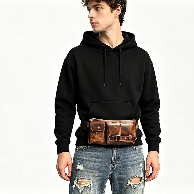 Water Resistant Canvas + Leather Hiking Riding Travel Fanny Waist Pack Small Phone Pouch For Men Women FB811-29 (Z-8135-100% Leather)