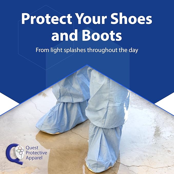 Quest Traction Disposable Boot & Shoe Covers 18" Tall – Non-Slip, Water-Resistant Protective Overshoes, Blue, Small, 3 Pairs for Cleanroom, Medical & Industrial Use