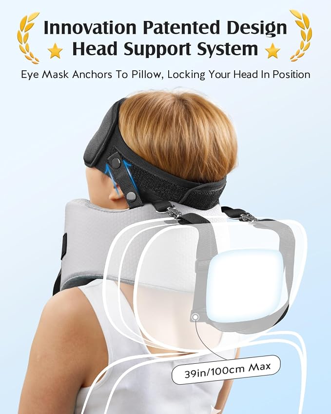 YFONG Travel Pillow for Long Flights, Patented 360° Ergonomic Sleeper Hold Head Support System with Memory Foam Neck Pillow & 3D Sleep Mask, Prevent Head Bobbing for Airplane & Road Trip, Grey