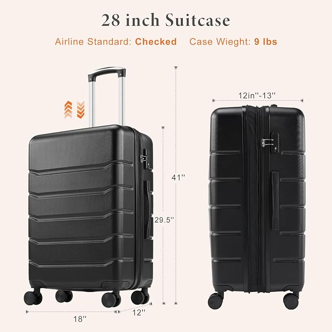 Sweetcrispy 28 Inch Checked Luggage, ABS Lightweight Rolling Hard Shell Suitcase with Smooth Spinner Wheels, Built-in TSA Lock, Durable Travel Suitcase for Business and Vacation Trip, Black