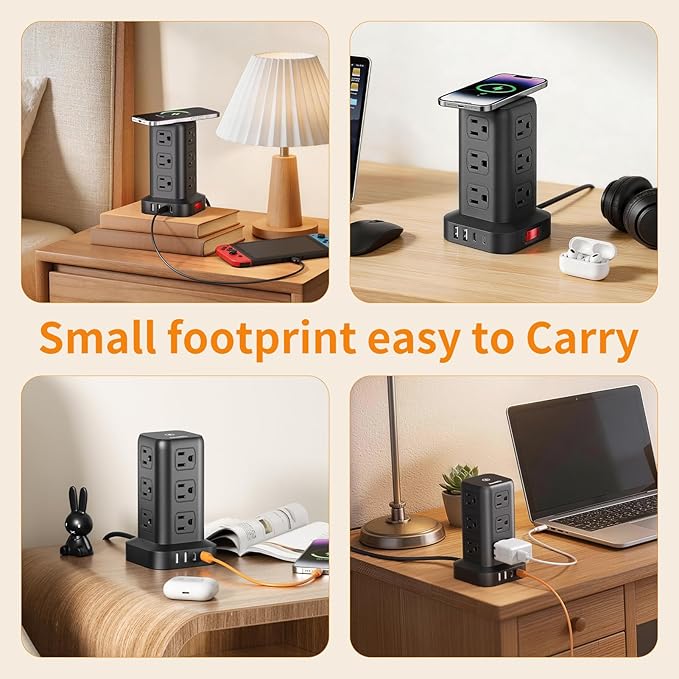 Extension Cord with Multiple Outlets, SMALLRT Surge Protector Power Strip Tower, Outlet Extender with 12 AC Outlets 4 USB, 6.5FT Extension Cord for Home Dorm Room, Office Supplies,Overload Protection