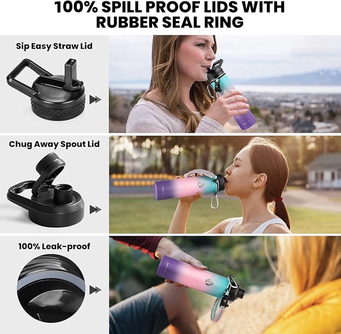RAYMYLO Insulated Water Bottle 24 oz, Triple Wall Vacuum Stainless Steel (Cold for 24Hrs, Hot for 12Hrs), Leak Proof & Non-BPA, Modern Water Flask Jug with Paracord Handle & Straw Spout Lids