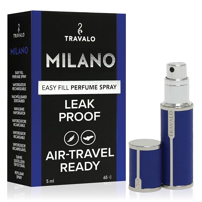 Travalo Milano Perfume Atomizer - Leak-Proof and TSA Approved for Air Travel - Reusable, Airtight, Easy Fill Mini Pump Sprayer - Lightweight, Vegan Leather with Polished Metal Outer Shell - Blue