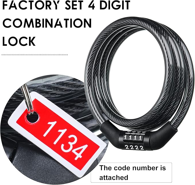 Hotop 10 Pcs 4 Feet Bike Lock Cable with Combination, Coiled Preset Bike Lock High Security 4 Digit Bicycle Locks Anti Theft Bikes Accessories Black Bicycle Cable Locks, 5/6 Inch Diameter