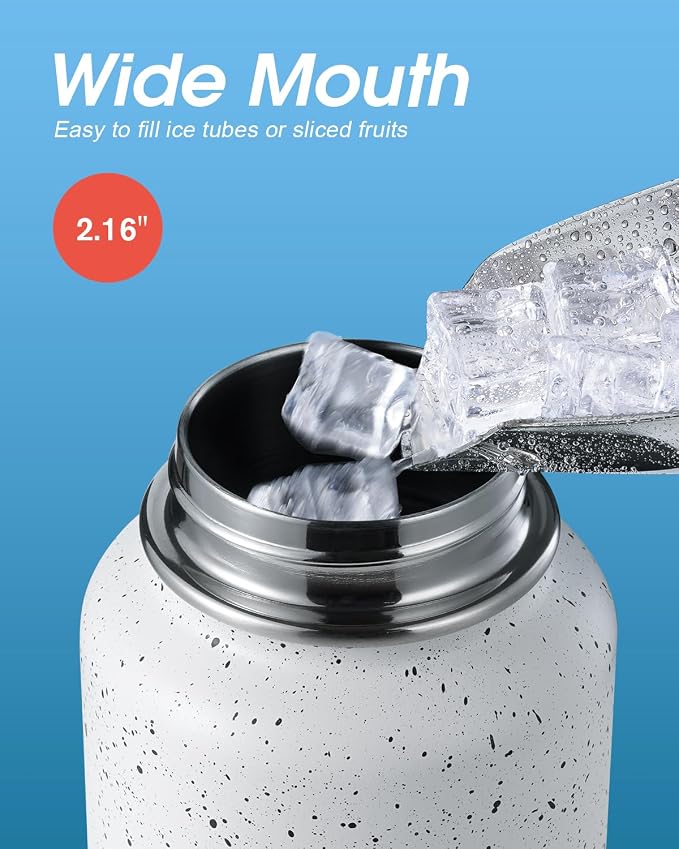 Coolflask Water Bottle 32 oz Insulated with Straw, Stainless Steel Metal 3 Lids Water Flask Wide Mouth for Sports or Office, Non-BPA Keep Cold Up to 48 Hrs or Hot Up to 24 Hrs, Arctic White
