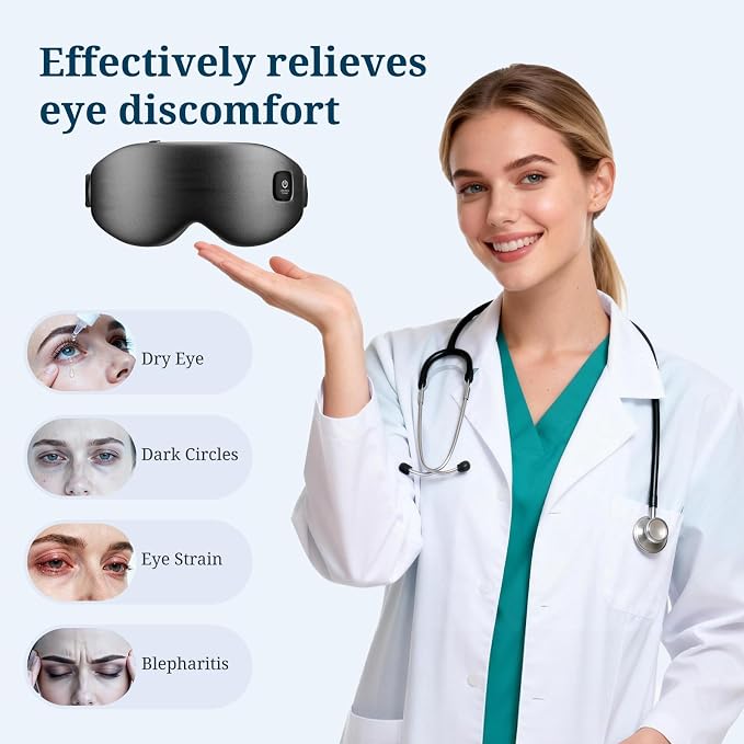 100% Silk Wireless Heated Eye Mask with Cooling, Relieves Dry Eye Syndrome and Puffy, Reduces Dark Circles, Adjustable Velcro Design and Washable Cover, Suitable for Travel & Gifts-Black