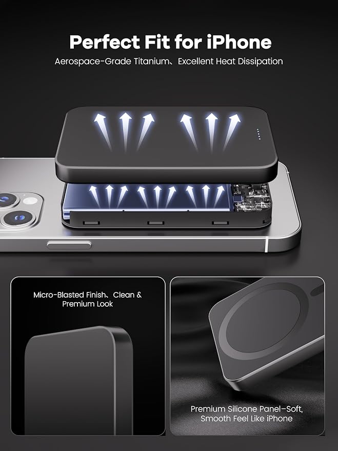 【Titanium Body & Ultra-Slim 0.3-Inch Design】 5000mAh Magnetic Power Bank with Titanium Body, Lightweight & Portable, Easy to Carry for Daily Use, Travel, and Emergencies