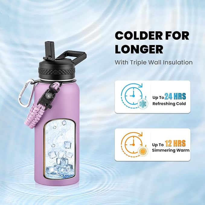 RAYMYLO Insulated Water Bottle 32 oz, Triple Wall Vacuum Stainless Steel (Cold for 24Hrs, Hot for 12Hrs), Leak Proof & Non-BPA, Modern Water Flask Jug with Paracord Handle & Straw Spout Lids
