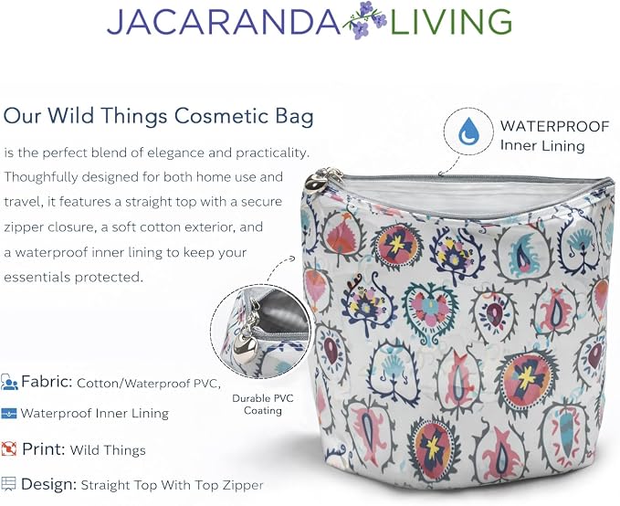 Jacaranda Living Small Cosmetic Bag - Water-Resistant, PVC-Lined, Compact & Travel Ready Make Up Bag, Easy to Clean - Wild Things Print