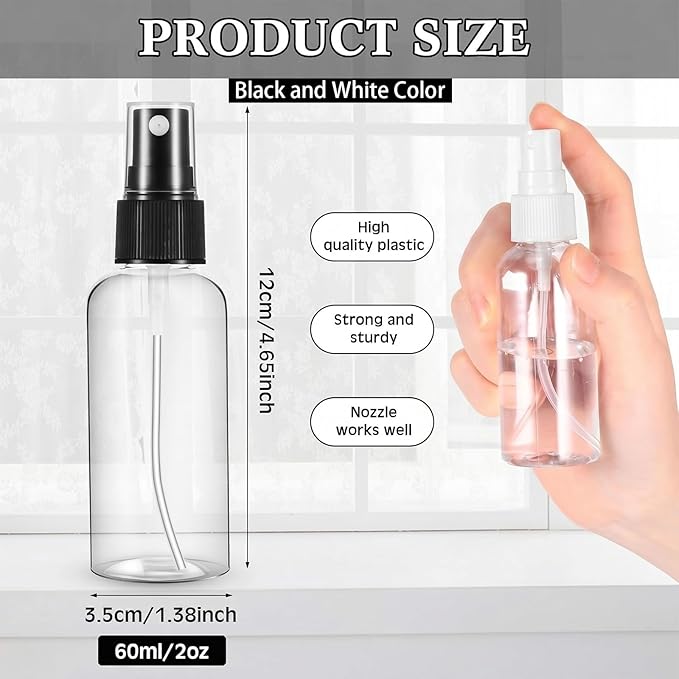 Roshtia 100 Pcs 2 oz Plastic Mini Spray Bottles with Black and White Cap Clear Empty Fine Mist Spray Bottles Refillable Liquid Container for Essential Oils Perfumes Travel Makeup