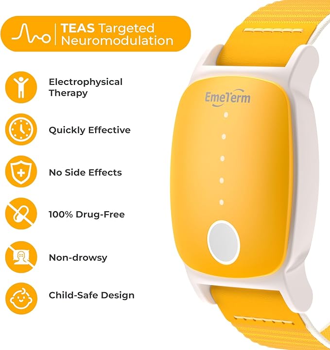 EmeTerm Explore for Kids FDA-Cleared Anti-Nausea Wristband IP68 Waterproof Morning Motion Sickness Relief Band Rechargeable Classic Strap Design Drug Free Non-drowsy Without Side Effects Sunny Yellow