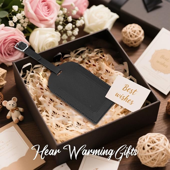 48 Pack Leather Luggage Tags PU Leather with Name ID Card Wedding Favors for Guests Bridal Shower Gifts (Black)