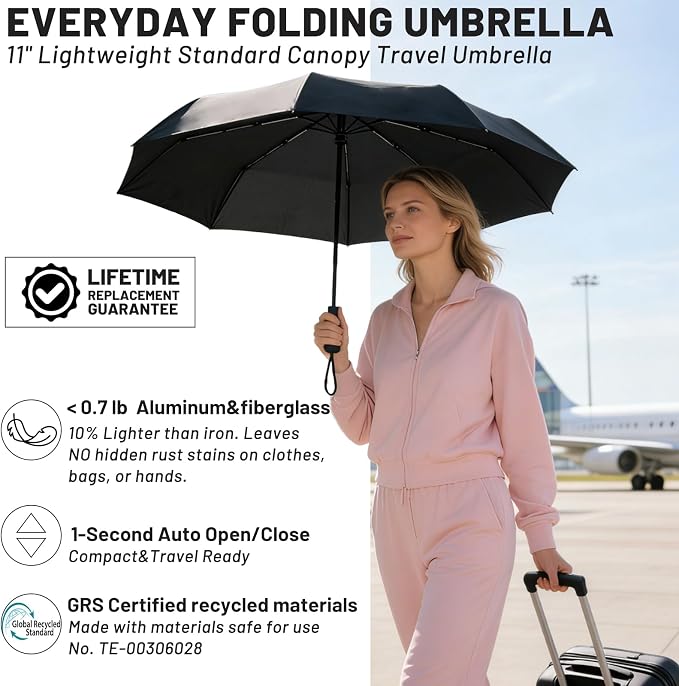SY COMPACT Travel Umbrella - Windproof Automatic Compact Umbrella for Rain, Lightest 8-Rib, Small, Strong & Portable, Durable Grip, Fits Backpack & Car, Factory Direct (UV Available)