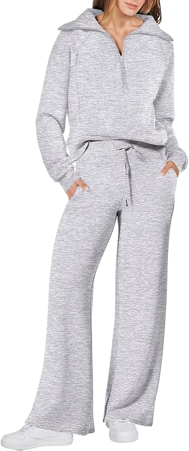 ANRABESS Women’s 2 Piece Outfits Half Zip Sweatshirt & Wide Leg Pants Airport Travel Lounge Matching Sets Sweatsuits Clothing