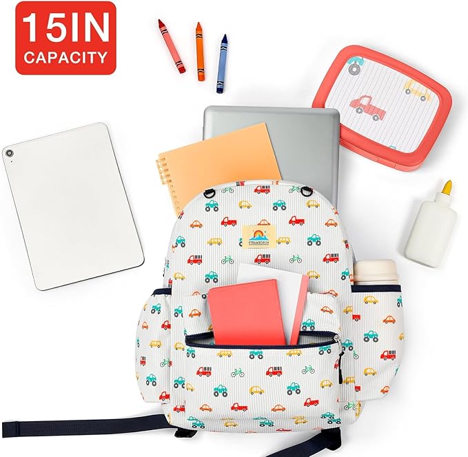 STEAMEDBUN Corduroy Kids Backpack for Boys and Girls 5-8: Boys Backpack for Elementary Kindergarten - 15 inch Cute Backpacks for Kids - Car