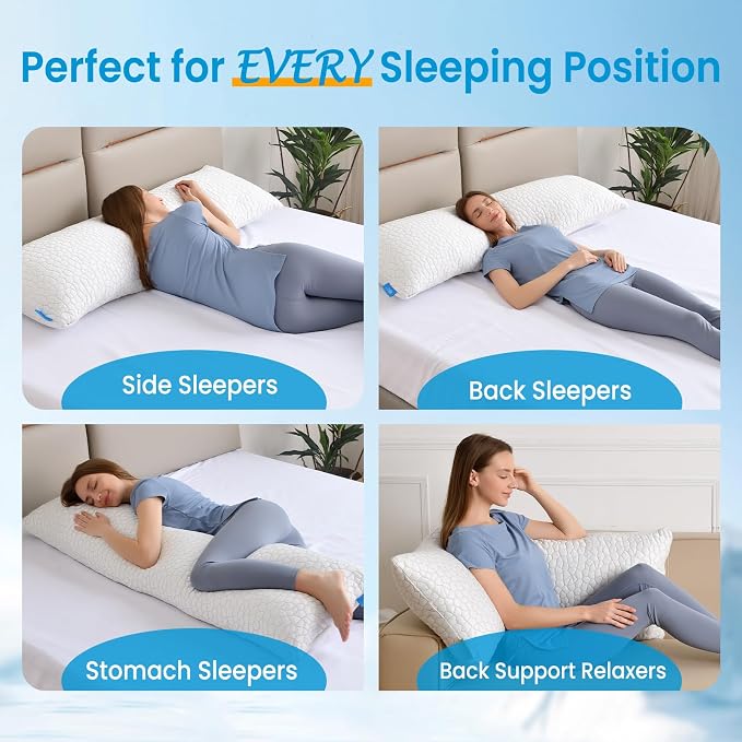 QUTOOL Cooling Pillow for Sleeping, CertiPUR-US Shredded Memory Foam Full Body Pillow Set of 1, Long Pillow for Bed with Removable Double-Sided Soft & Cool Cover, Soft Yet Support,White