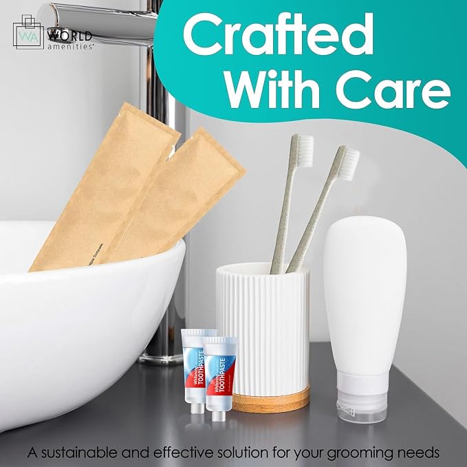 World Amenities Kraft Paper Dental Kit - Wheat Straw Toothbrush and Toothpaste Dental Care Kit (300)
