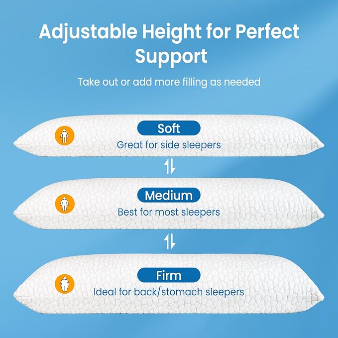 QUTOOL Cooling Pillow for Sleeping, CertiPUR-US Shredded Memory Foam Full Body Pillow Set of 1, Long Pillow for Bed with Removable Double-Sided Soft & Cool Cover, Soft Yet Support,White