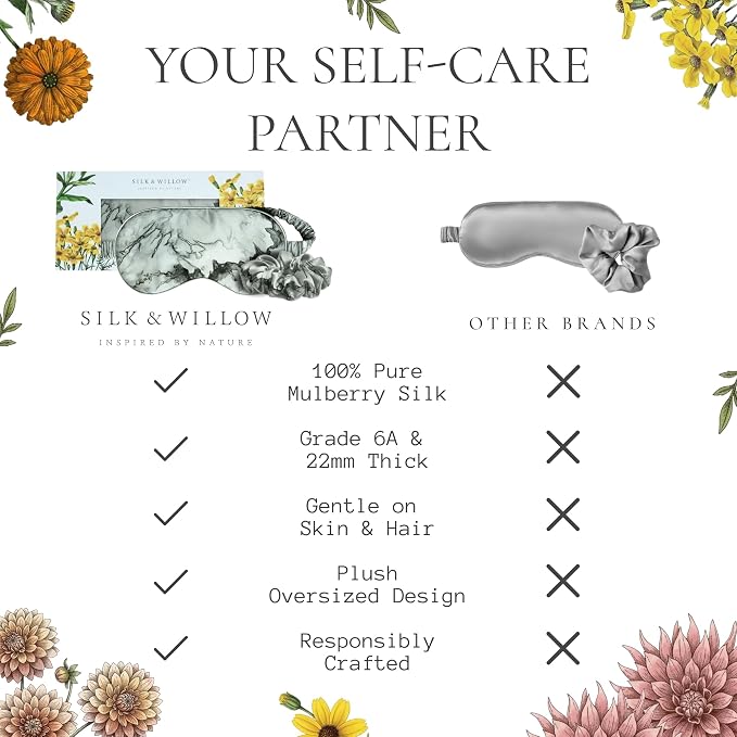 SILK & WILLOW - Botanical Print Pure Mulberry Silk Eye Mask & Scrunchie Gift Set, Luxurious Sleep Eye Mask & Hair Accessory Bundle, Durable Nature-Considerate Wellness Gifts for Women, Woodgrain