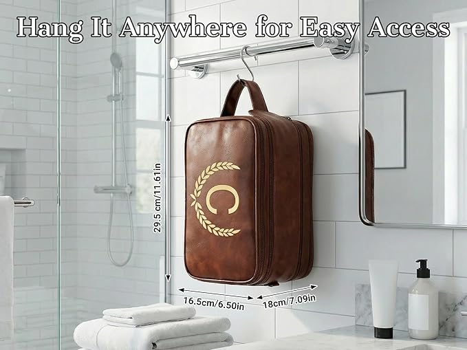 OXYEFEI Personalized Gifts for Men, Personalized Large Toiletry Bag for Men,Custom PU Leather Waterproof Mens Toiletry Travel with Initial Essential Dopp Kit Shaving Bag (W, Light Brown)