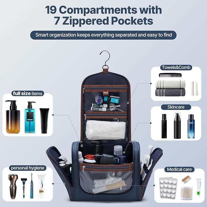 ZAHNI Hanging Toiletry Bag for Men with 360° Hook, Large Toiletry Travel Bag, Bathroom Shower Organizer for Shaving, Grooming & Toiletries_Navy