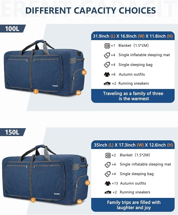 Gonex Large Foldable Travel Duffle Bag with Shoes Compartment, Packable Lightweight Water Repellent Duffel Bag for Camping Gym Weekender Bag