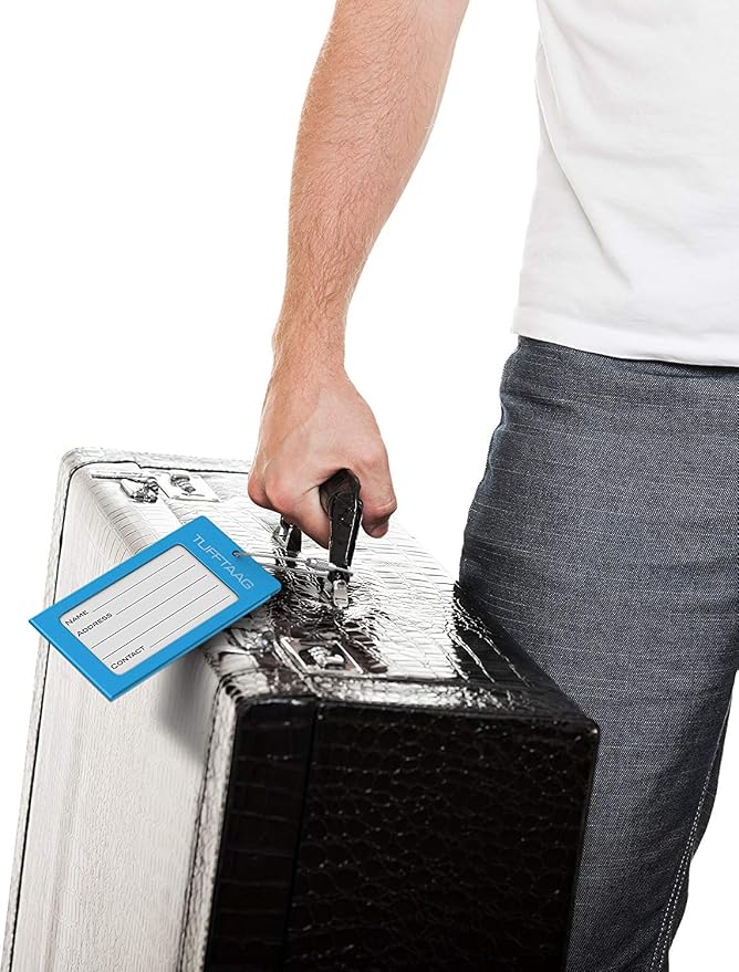 Luggage Tags Business Card Holder by TUFFTAAG - Durable Travel ID Bag Tag, Blue Azure, 2 Tags