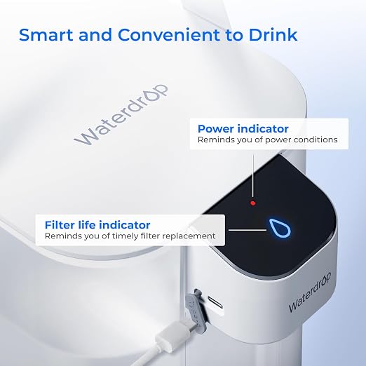 Waterdrop ED01W Electric Water Filter Pitcher, Reduce 99.6% of Lead and 45+ Impurities, 15-Cup 200-Gallon Capacity, Rechargeable Instant Dispenser, NSF/ANSI 42&53&401&372, Does not Lower TDS, White