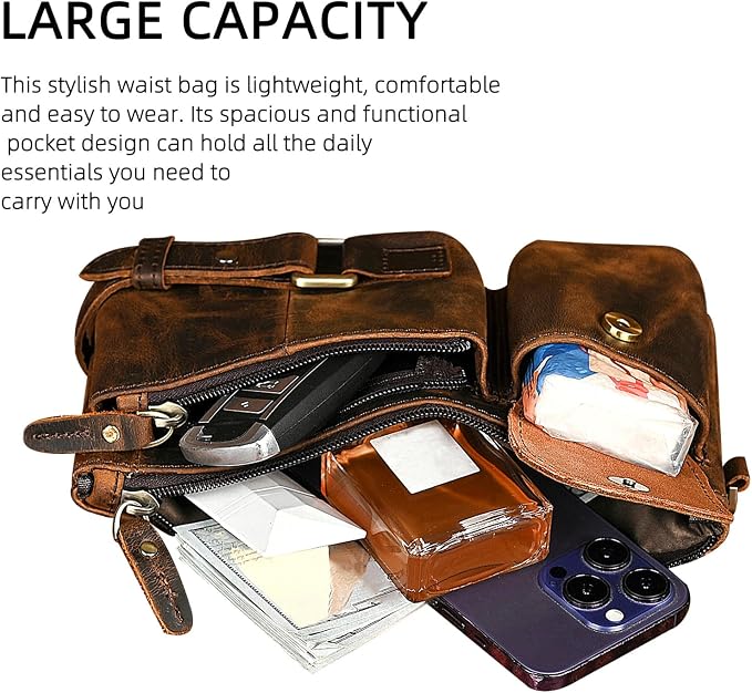 Water Resistant Canvas + Leather Hiking Riding Travel Fanny Waist Pack Small Phone Pouch For Men Women FB811-29 (Z-8135-100% Leather)