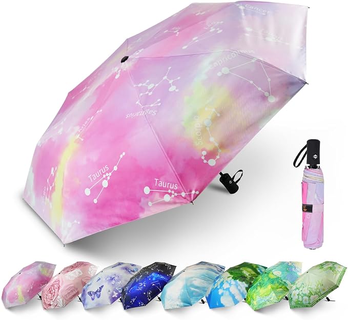 SY COMPACT Travel Umbrella - Windproof Automatic Compact Umbrella for Rain, Lightest 8-Rib, Small, Strong & Portable, Durable Grip, Fits Backpack & Car, Factory Direct (UV Available)