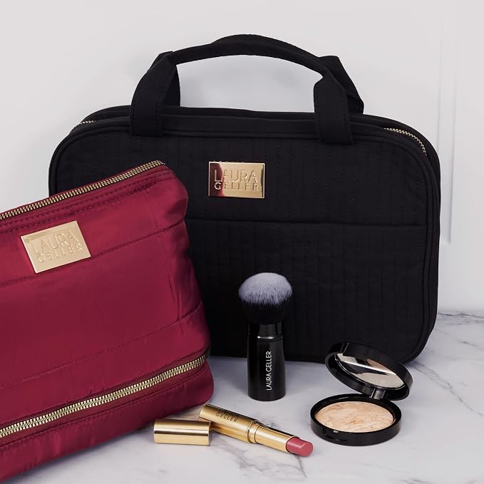 LAURA GELLER NEW YORK Quilted Folding Travel Makeup Bag, Black - Hanging Toiletry Bag Organizer for Travel - Large Capacity Full Size Makeup Bag - Easy to Clean