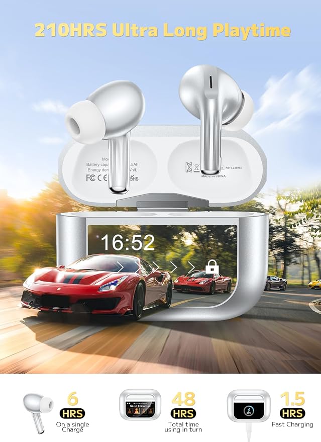 Bucephalus Wireless Earbuds, Ear Buds Active Noise Cancelling with Smart Charging Case, Bluetooth 5.4 Headphones, 48H Playtime & Bass Stereo Sound, Compatible with iPhone, Android, Pad - Sliver